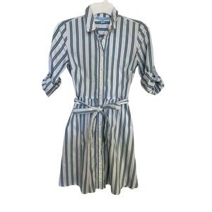 Draper James Blue White Striped Belted Shirt Dress Roll Tab Size 2 Preppy